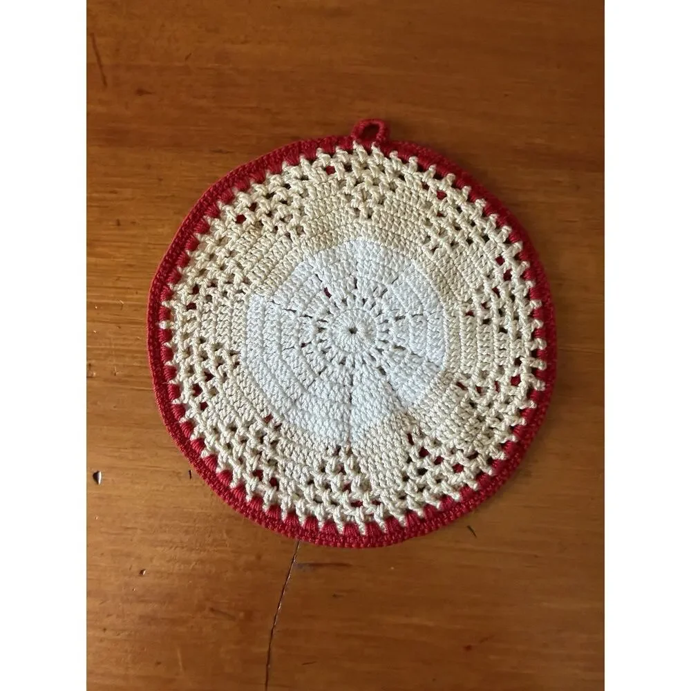 Vintage Crochet Floral Hot Pad Trivet Set Red White Handmade Kitchen Decor Pair